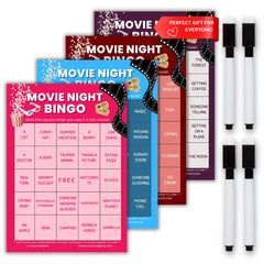 XOXO Parents Movie Night Bingo Cards 4-pack for family fun and interactive film viewing.