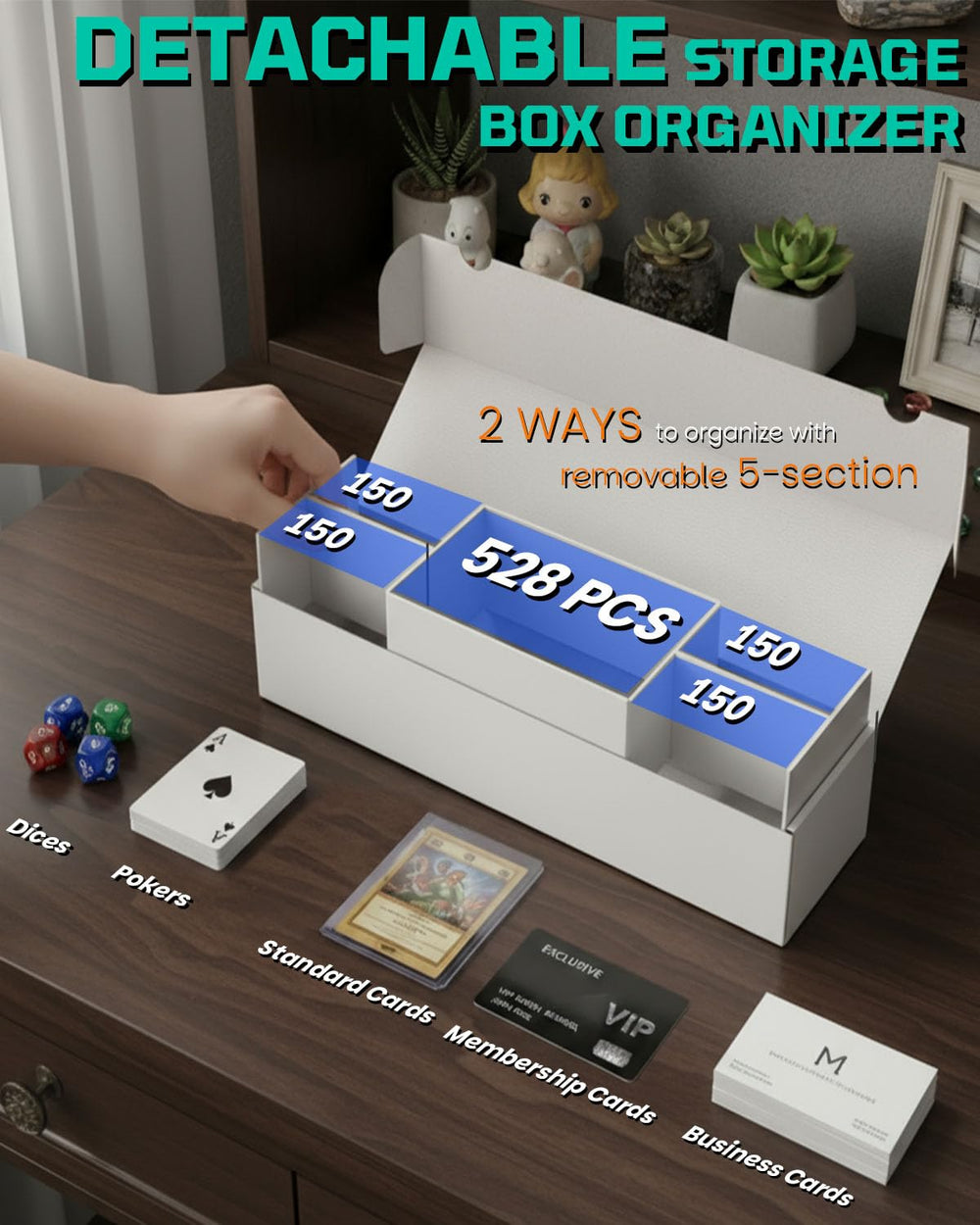 XRACV five-compartment interior secures card types securely.