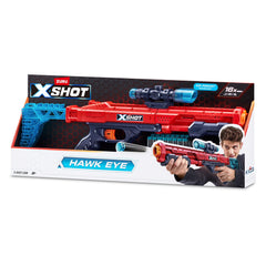XSHOT Hawk Eye blaster red outdoors during an action-packed battle
