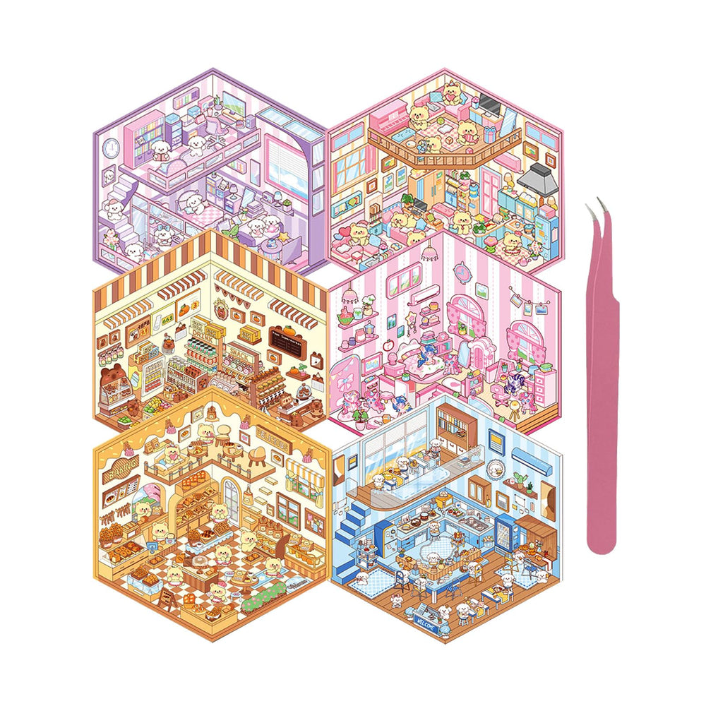 Xuoent DIY 3D sticker scene Bear Bakery enhances creative journaling and playful decor.
