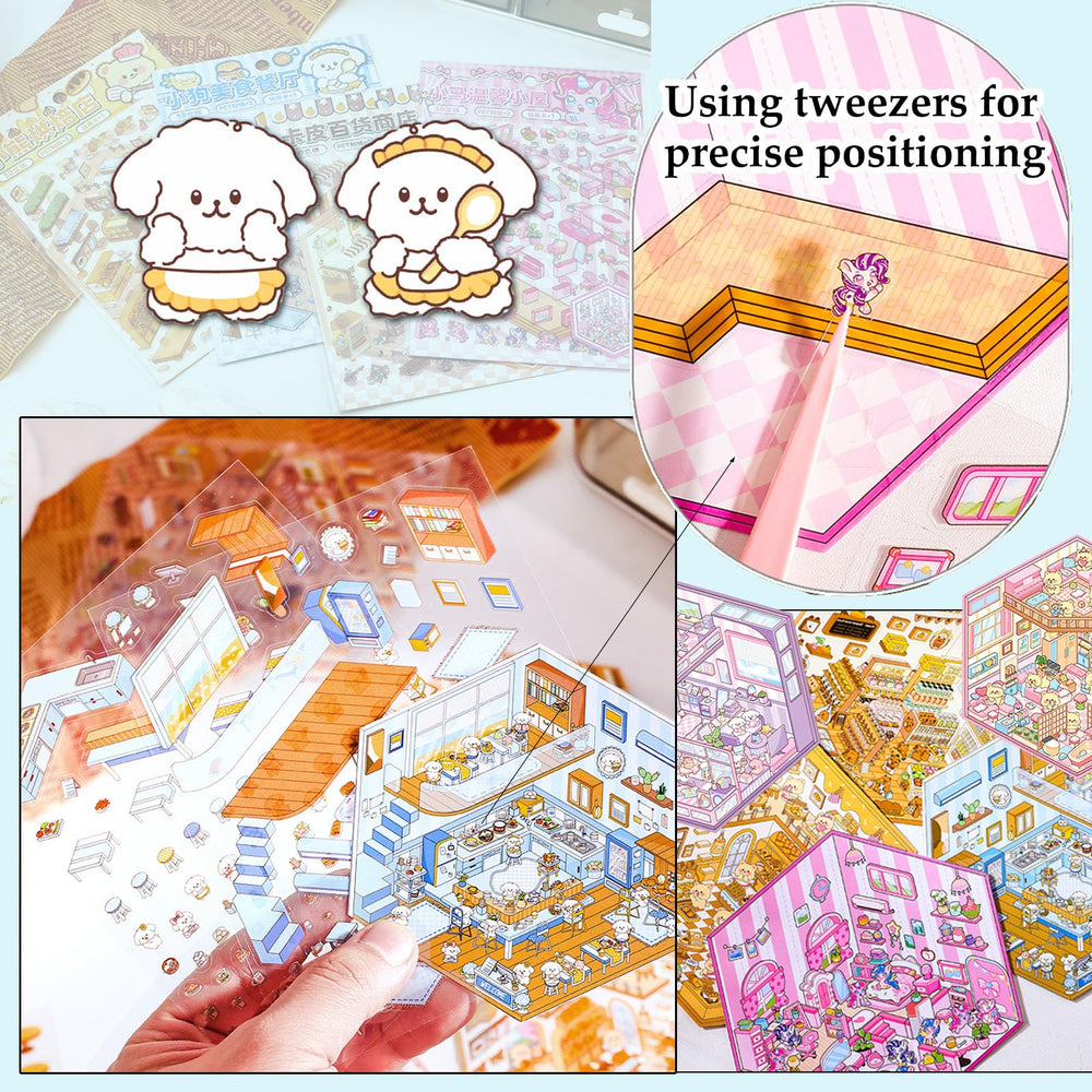 Xuoent DIY 3D sticker scene Puppy Gourmet Restaurant encourages storytelling and lively decor.