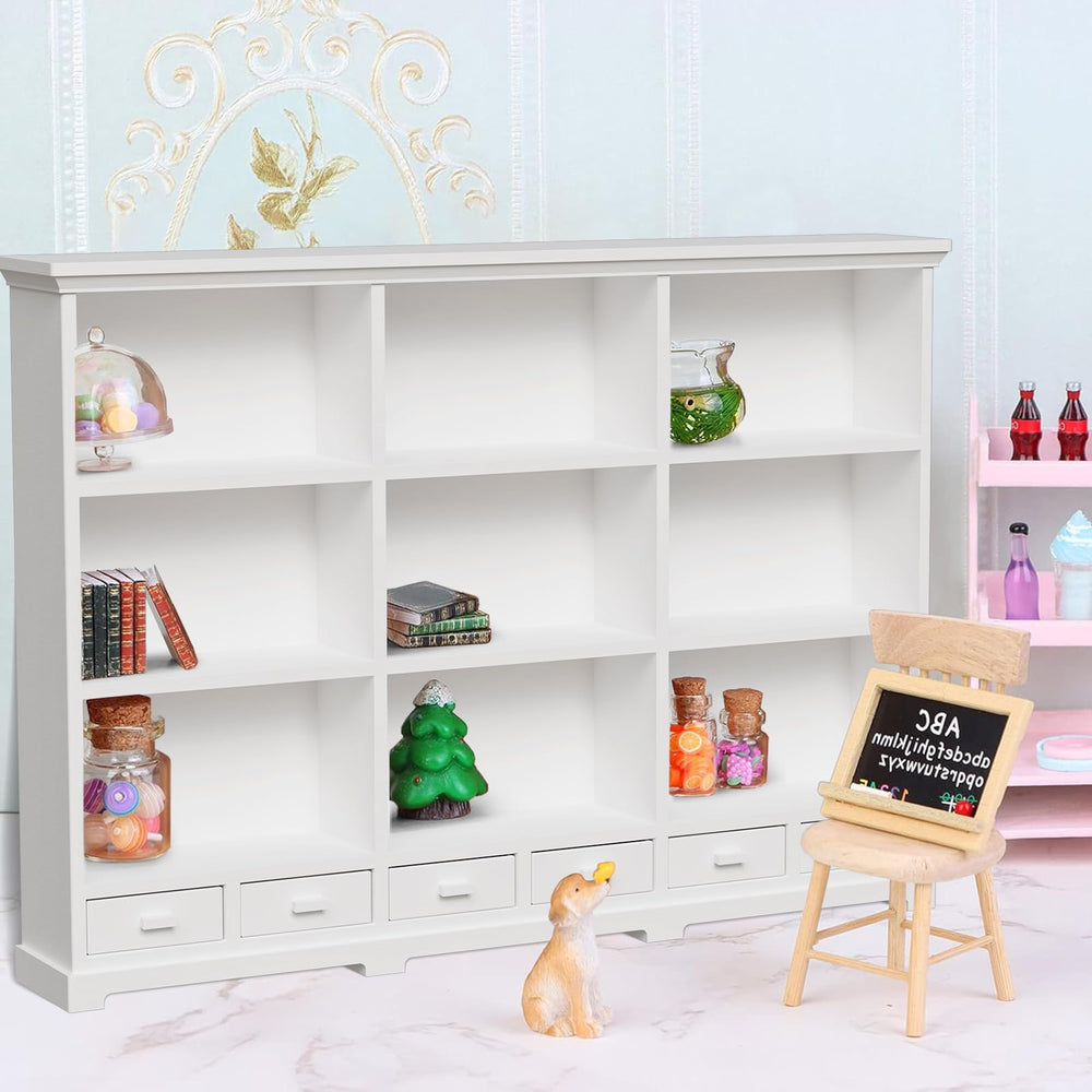 XYMTOY 1:12 shelf displaying miniature books in a compact library setup