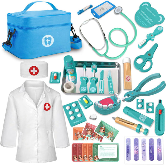 XZZO Doctor Kit for Toddlers with wooden dentist tools for imaginative play