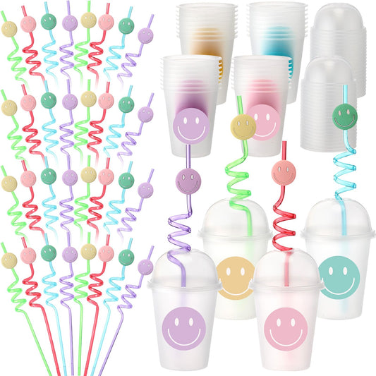 Yaomiao smile face cups with dome lids for mess-free sipping at parties.