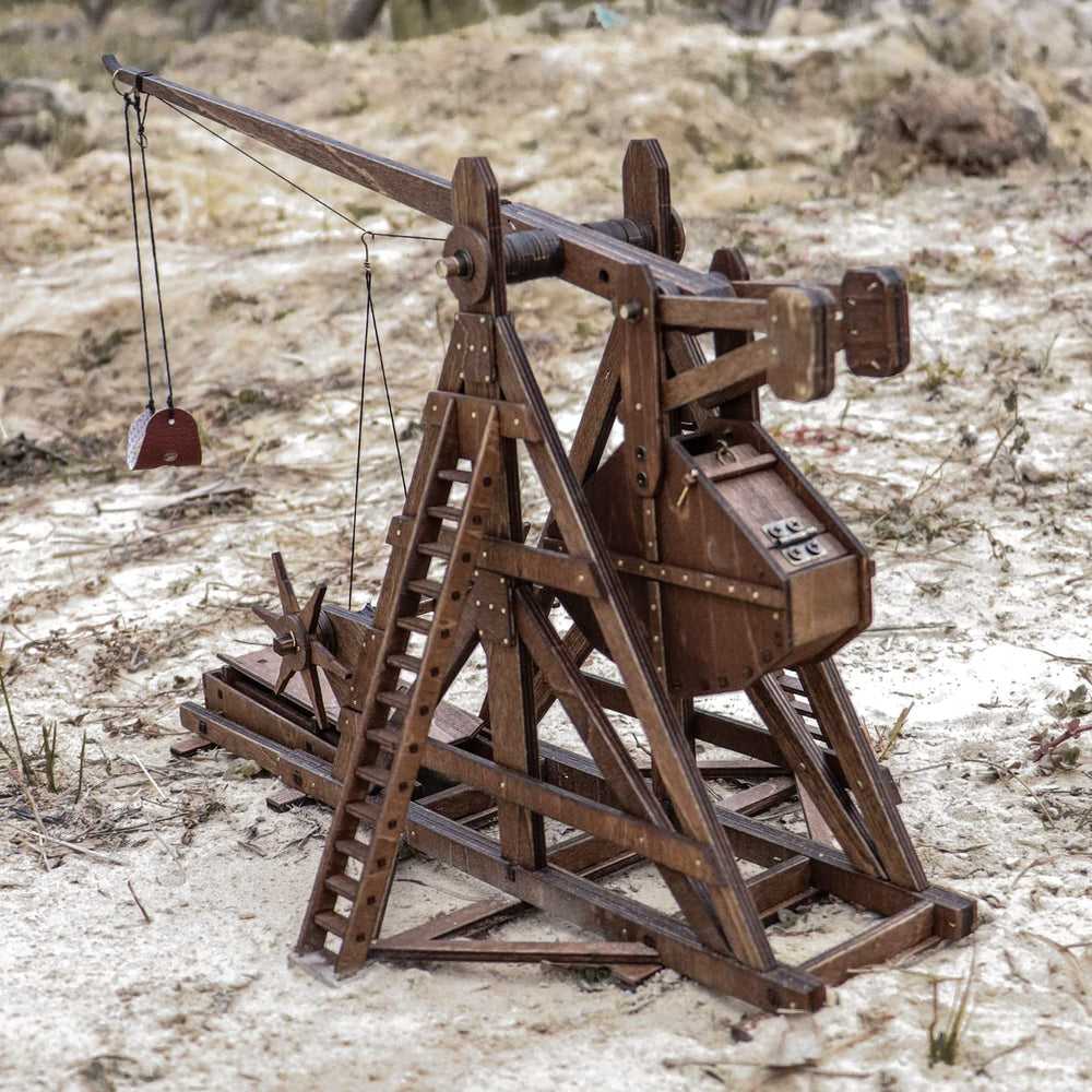 YAQUMW trebuchet side view showing compact tabletop design