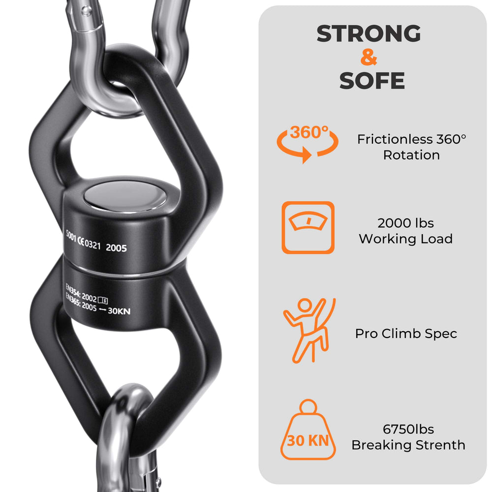 YARKOR Swing Swivel in-use hanging demonstrates smooth 360 rotation for tangle-free setups.