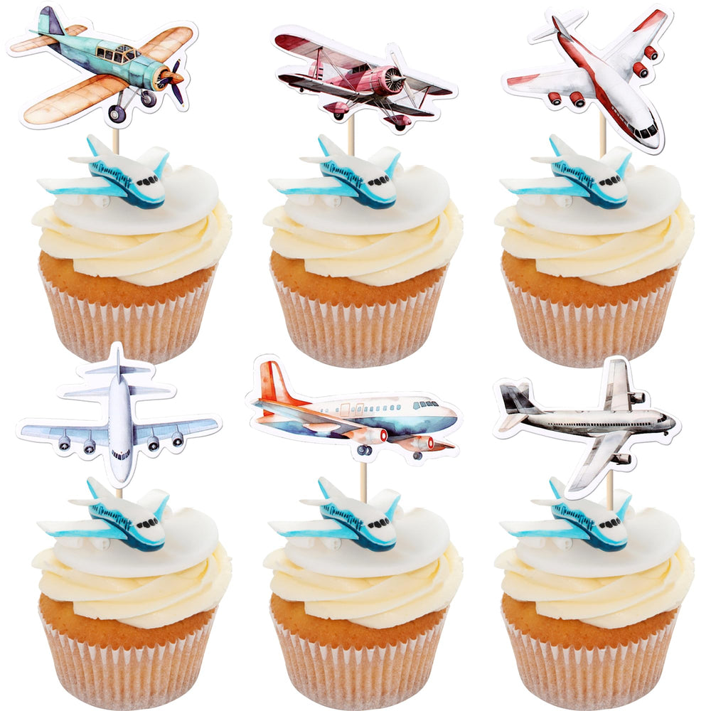 YCTHUNFISH glitter plane cupcake toppers for plane-themed party decorations