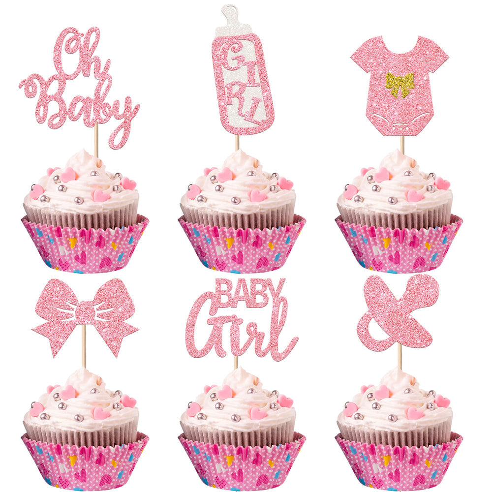 YCTHUNFISH It's a Girl cupcake toppers add glittery pink flair to baby shower treats.