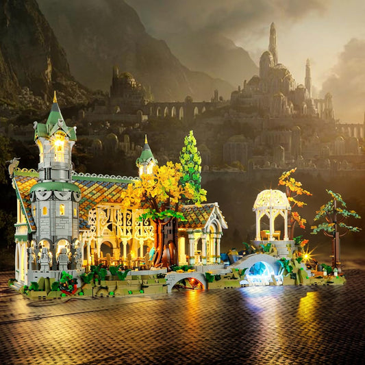 YEABRICKS Rivendell LED kit highlights Rivendell with warm, museum-grade lighting.