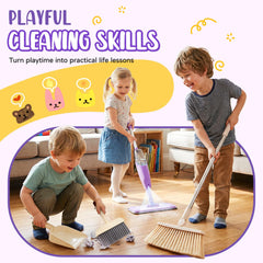 Yeeammk child play scene showing role-play cleaning and family bonding
