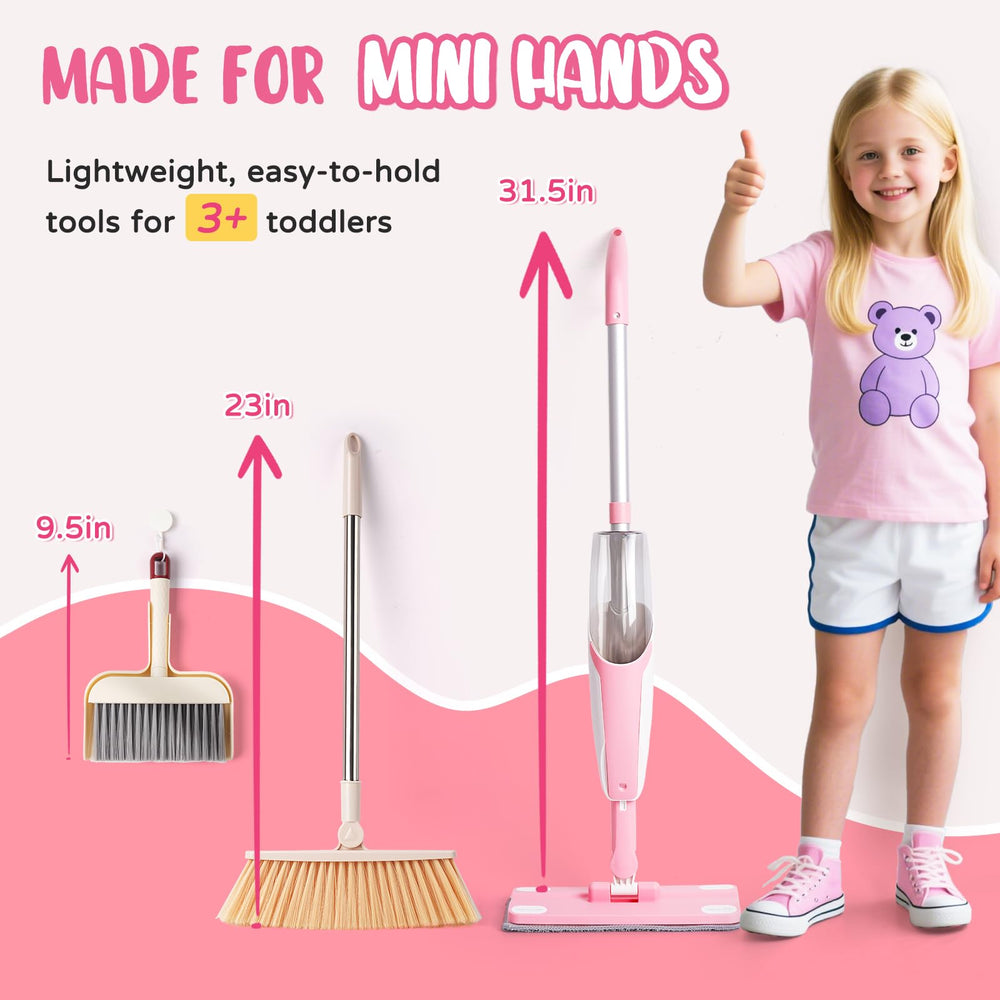 Yeeammk pink spray mop with broom and dustpan for kids