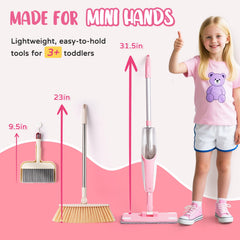 Yeeammk pink spray mop with broom and dustpan for kids