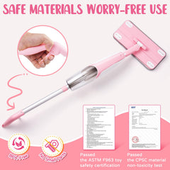 Yeeammk pink spray action mop demonstrates real water spray during pretend play.