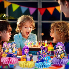 YEEFIGRO Demon Hunters honeycomb centerpieces are durable, lightweight party décor.