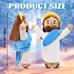 Yelakey Jesus plush in open-arm pose with brown sandals, a soft cuddle friend