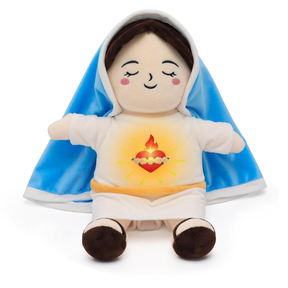 Yelakey Virgin Mary plush doll with glowing belly and breathing motion for bedtime calm.