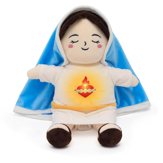 Yelakey Virgin Mary plush doll with glowing belly and breathing motion for bedtime calm.
