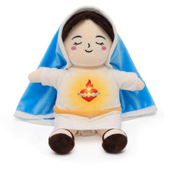Yelakey Virgin Mary plush doll with glowing belly and breathing motion for bedtime calm.