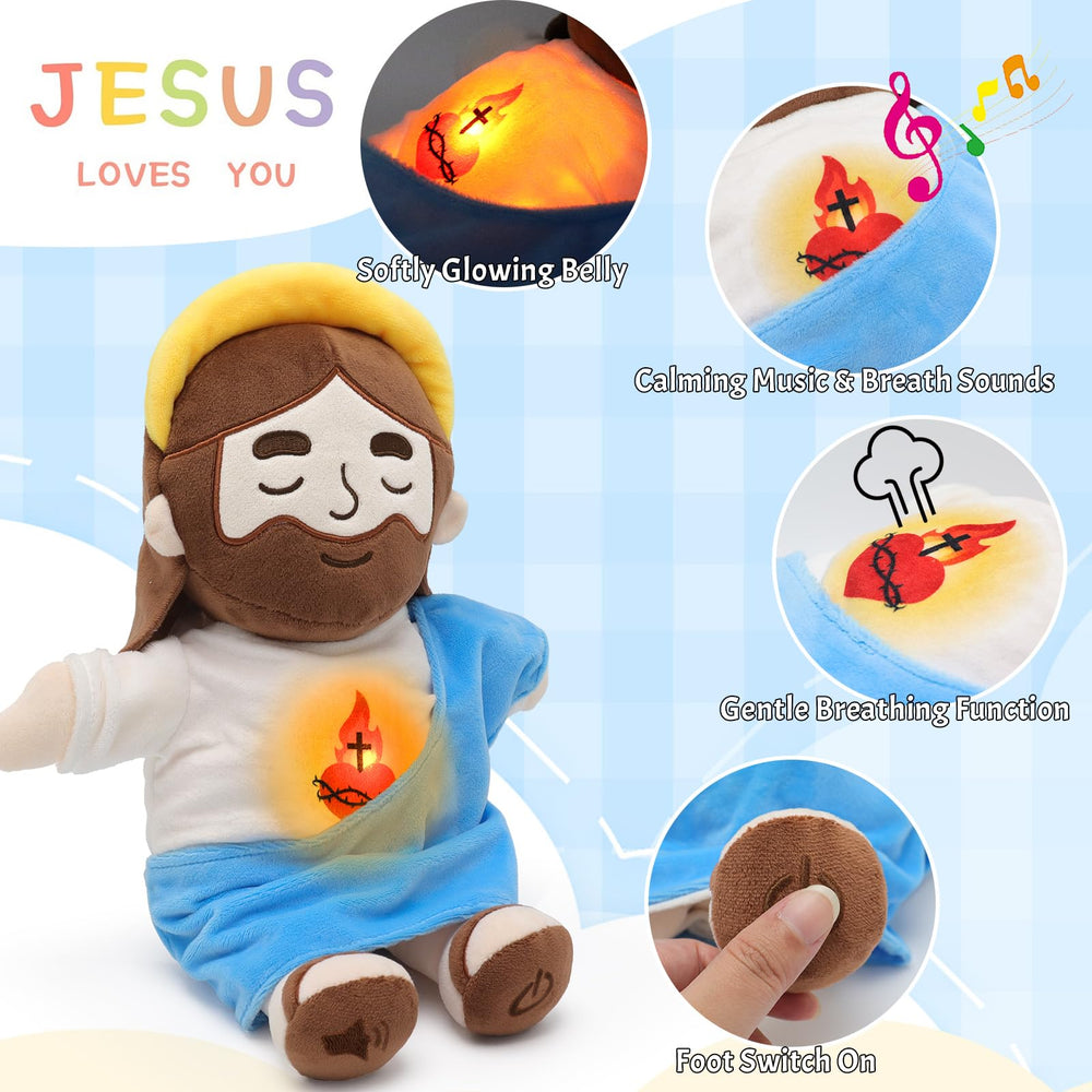 Yelakey Jesus plush left-foot button activates comforting breathing and music