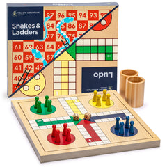 Yellow Mountain Imports 2-in-1 reversible Snakes and Ladders Ludo board featuring a durable wooden surface.