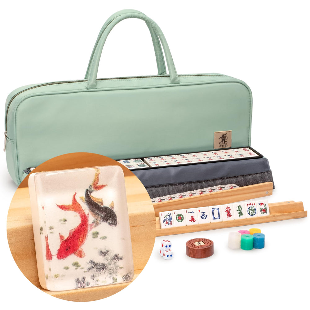 Yellow Mountain Imports American Mahjong set Celadon Koi tiles in mint green case for display and play.