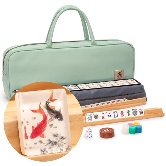 Yellow Mountain Imports American Mahjong set Celadon Koi tiles in mint green case for display and play.