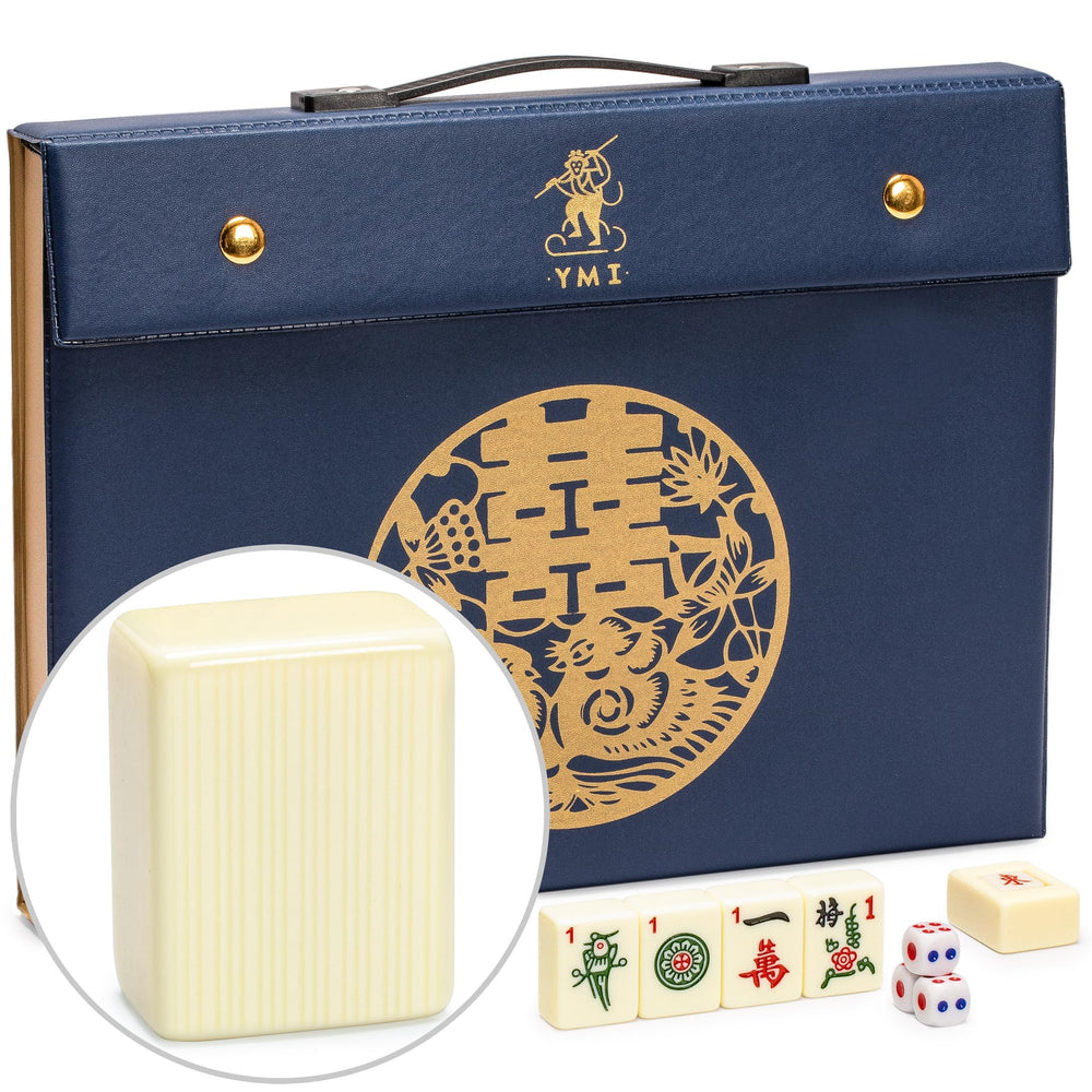 Yellow Mountain Imports Bleau Fontaine mahjong tiles closeup show detailed engravings for authentic play.