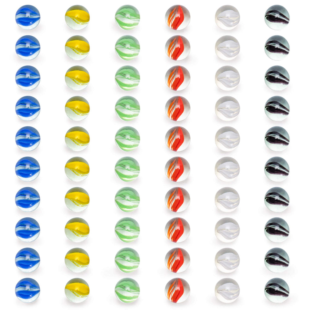 Six-color marble set from Yellow Mountain Imports supports Aggravation and marble runs
