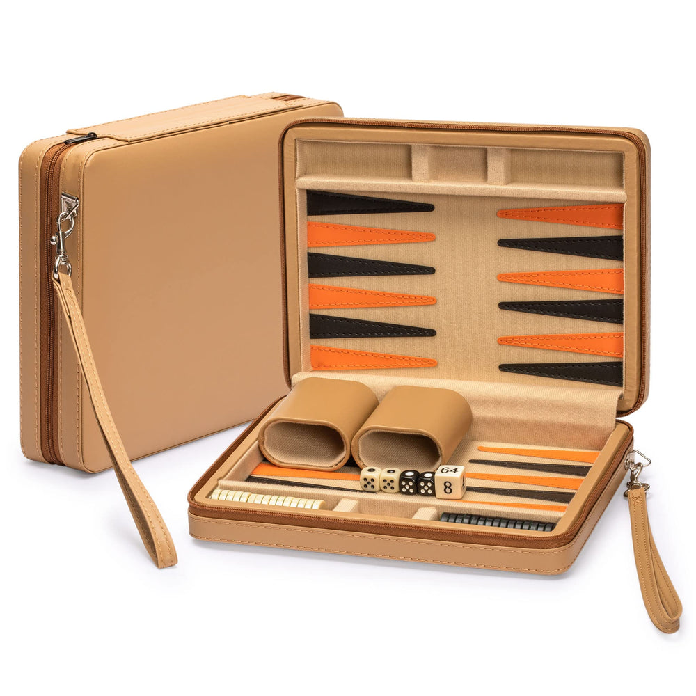Yellow Mountain Imports travel backgammon mini board closed for compact portability.