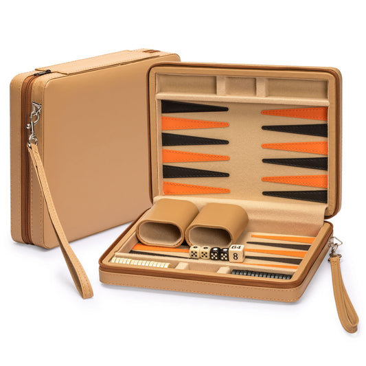 Yellow Mountain Imports travel backgammon mini board closed for compact portability.