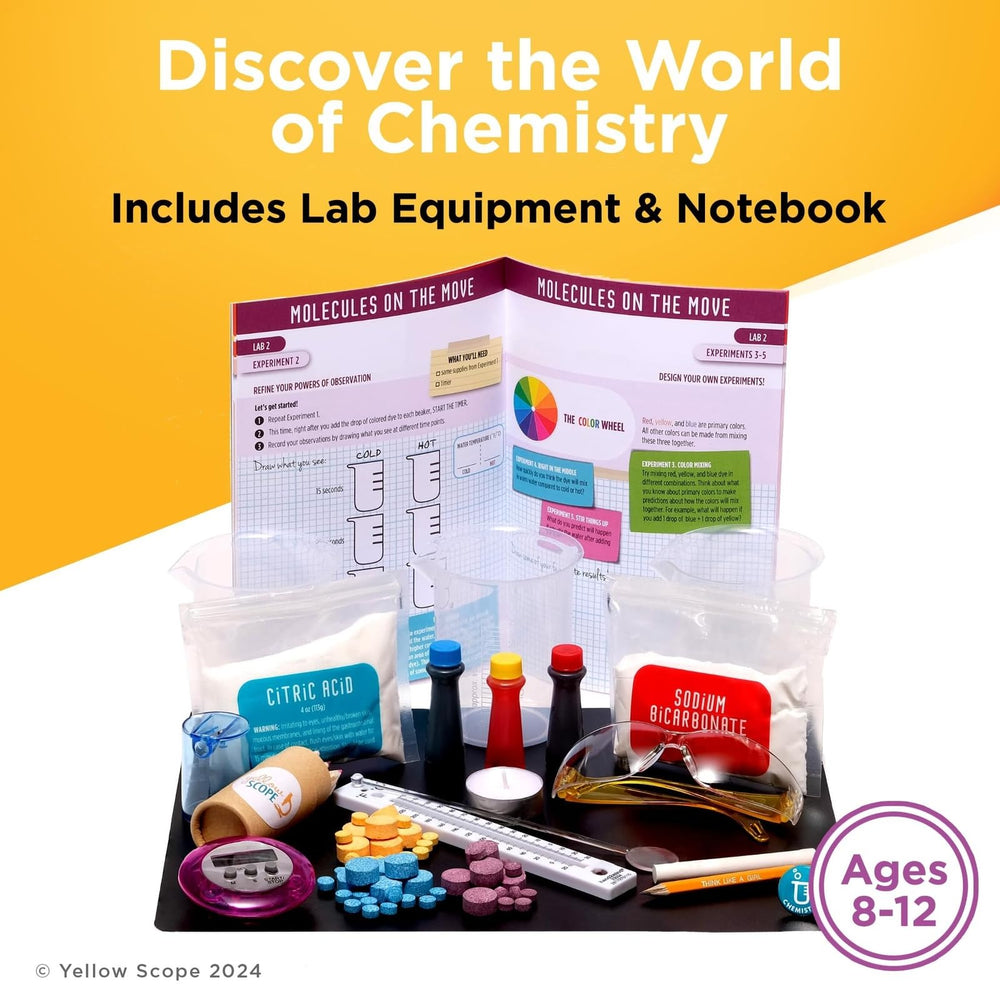 Yellow Scope lab notebook pages guide 19+ experiments for young scientists.