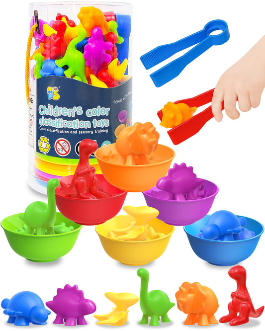 Yetonamr counting dinosaurs set shows color bowls for sorting, fostering early math skills