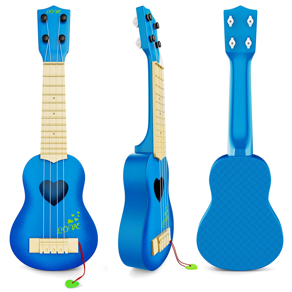 YEZI blue ukulele tuning-ready image indicates kid-friendly string adjustment.