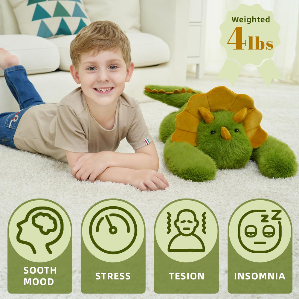 YGZE green plush dinosaur with 4 lb weight for calming comfort during nap time and night.