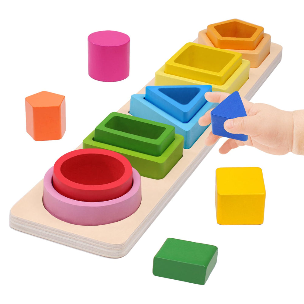 YHHYTOY 15-piece wooden stacking shapes enhances color recognition and shape sorting for toddlers.