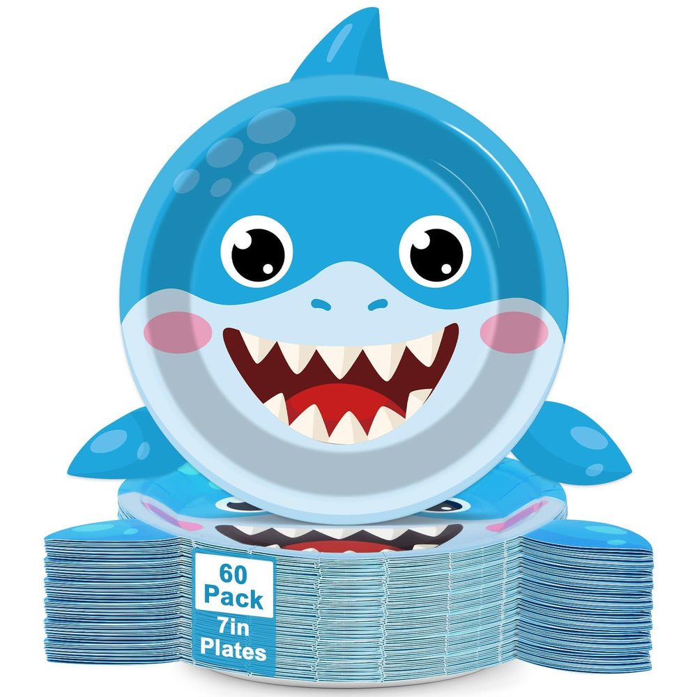 Yiaoyinnz ocean shark plates for 60 guests, sturdy and party-ready.
