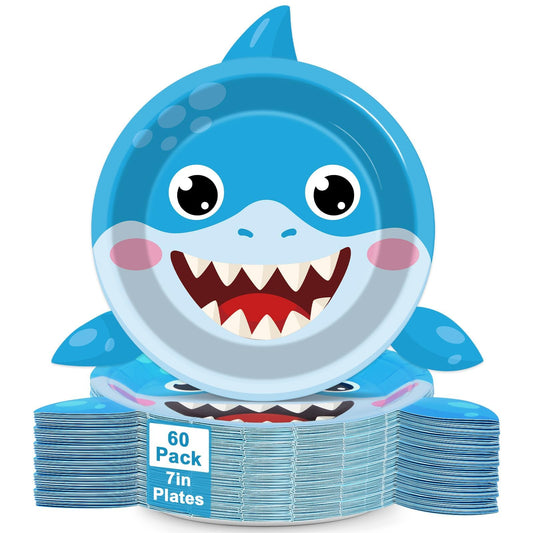 Yiaoyinnz ocean shark plates for 60 guests, sturdy and party-ready.