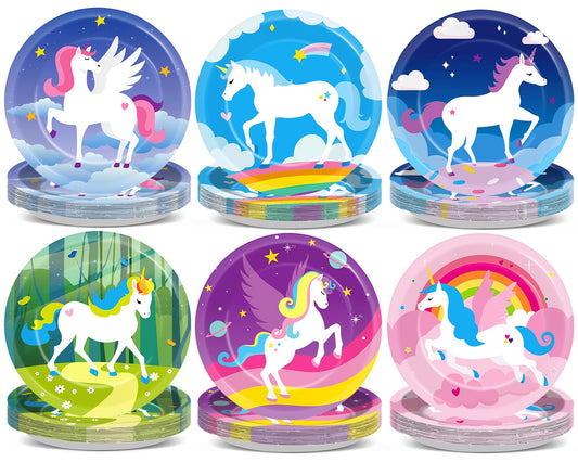 Yiaoyinnz unicorn plates 7-inch set with pastel rainbow designs, ideal for quick, mess-free party servings.