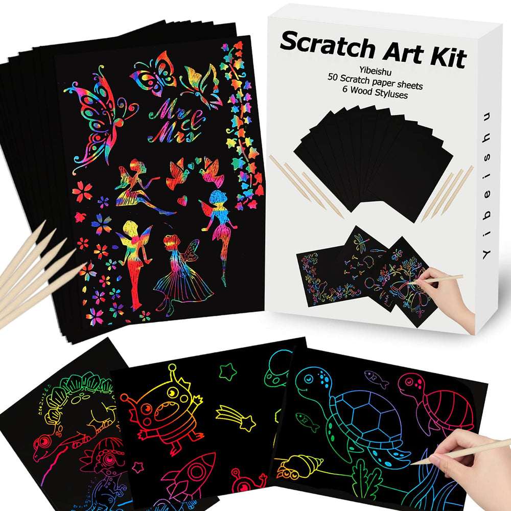 Yibeishu Rainbow Scratch Art Set shows vibrant rainbow patterns for kids during play