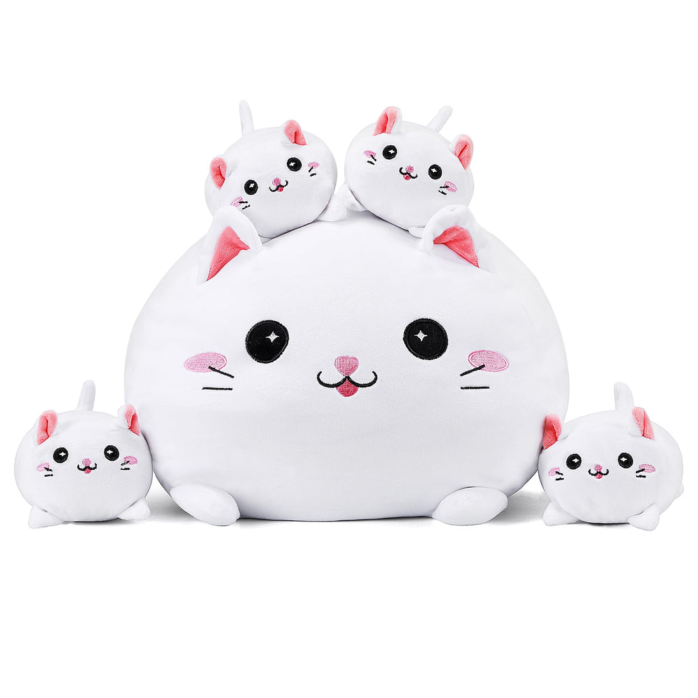 YIIQUWEN cat plush family set with mother cat and hidden kittens for cozy hugs.