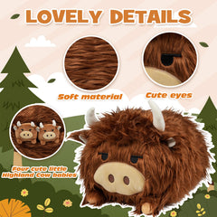YIIQUWEN Highland Cow Mommy Plush Set showing calves inside, playful surprise.