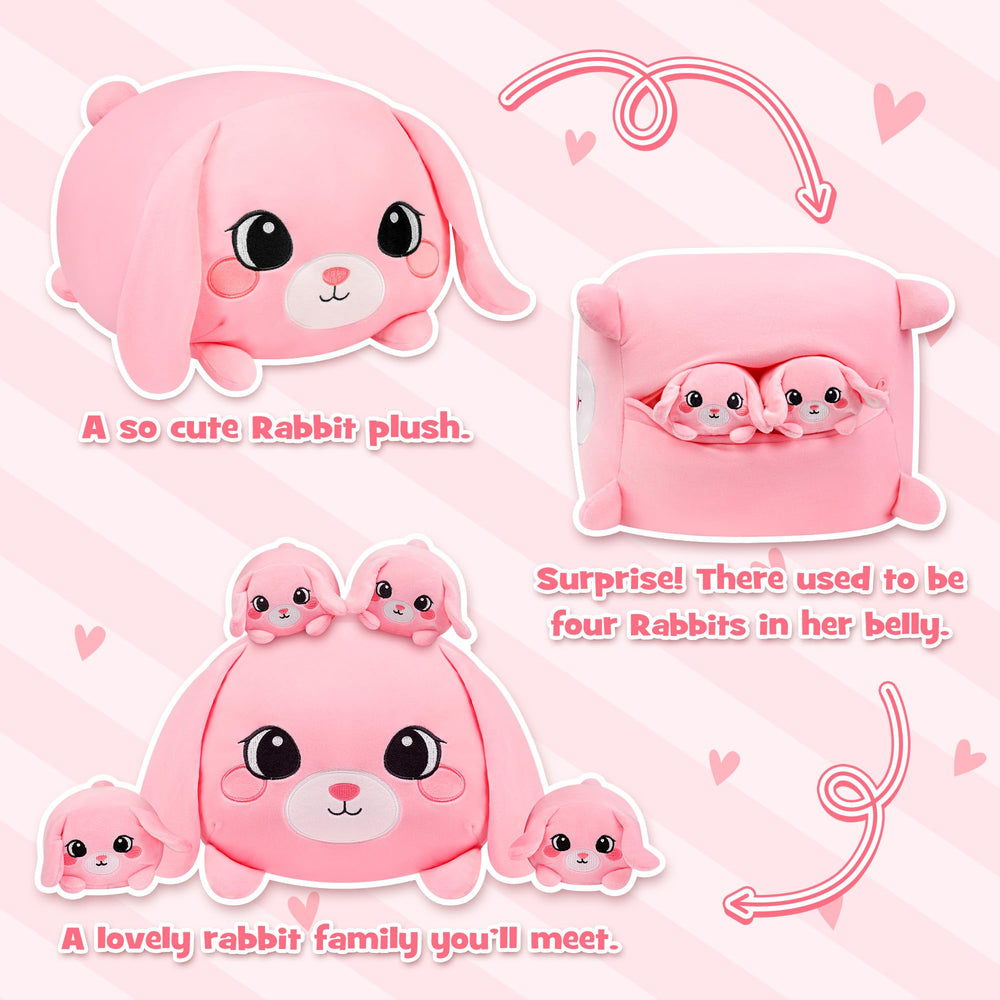 YIIQUWEN pink bunny plush interior with four hidden babies for imaginative play.