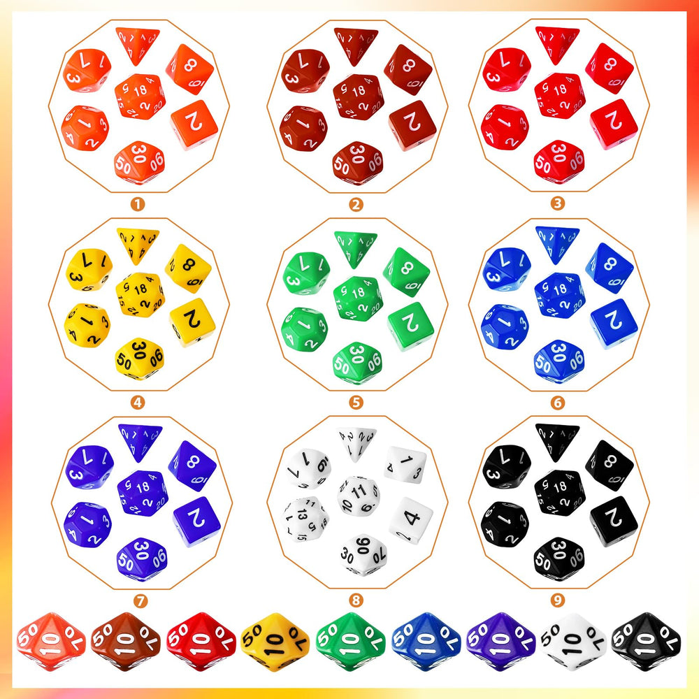 Yilloog colorful polyhedral dice closeup with clear numerals for easy reading during play