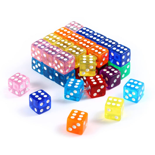 Yinsun 40-piece colored dice set in eight translucent colors for games and math practice.