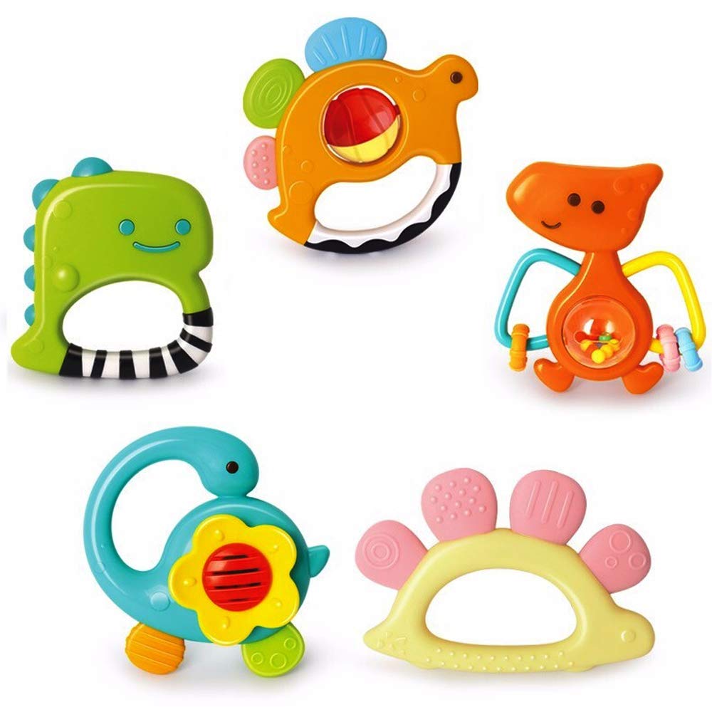 Yiosion Baby Rattles Set: colorful shapes stimulating early play and perception.