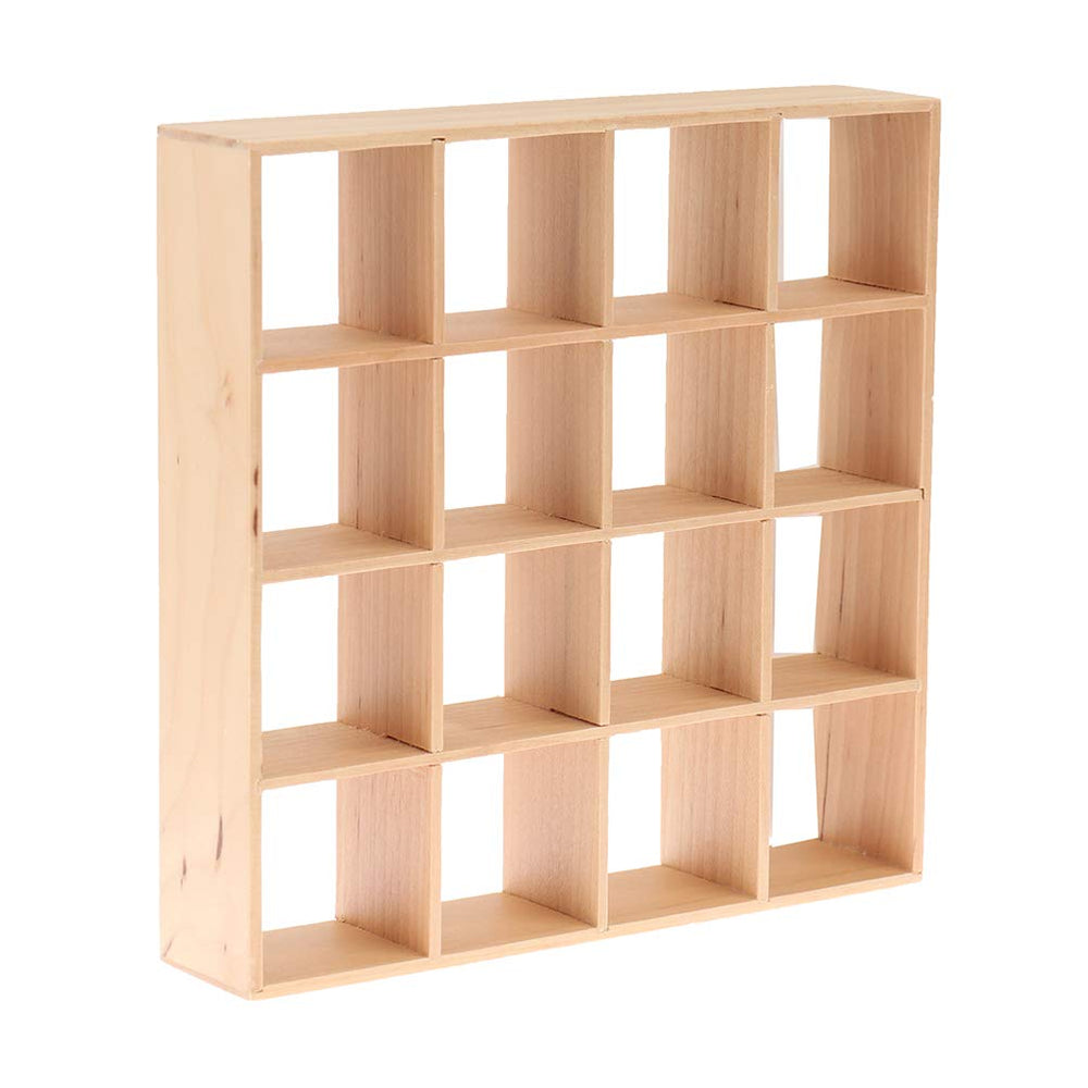 Yiphates 12-dollhouse storage rack with 16-grid shelves for organized mini rooms.