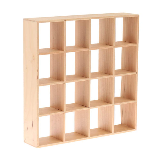 Yiphates 12-dollhouse storage rack with 16-grid shelves for organized mini rooms.