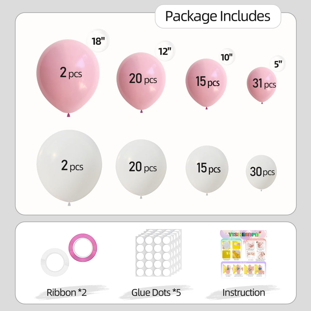 Yishebapa pink white kit showing 12 inch balloons for versatile party garlands.