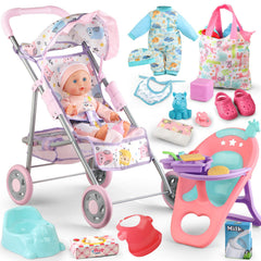 YIYBM baby doll stroller folded for easy storage and transport.