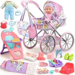 YIYBM baby doll stroller playset shows a realistic push experience for imaginative play